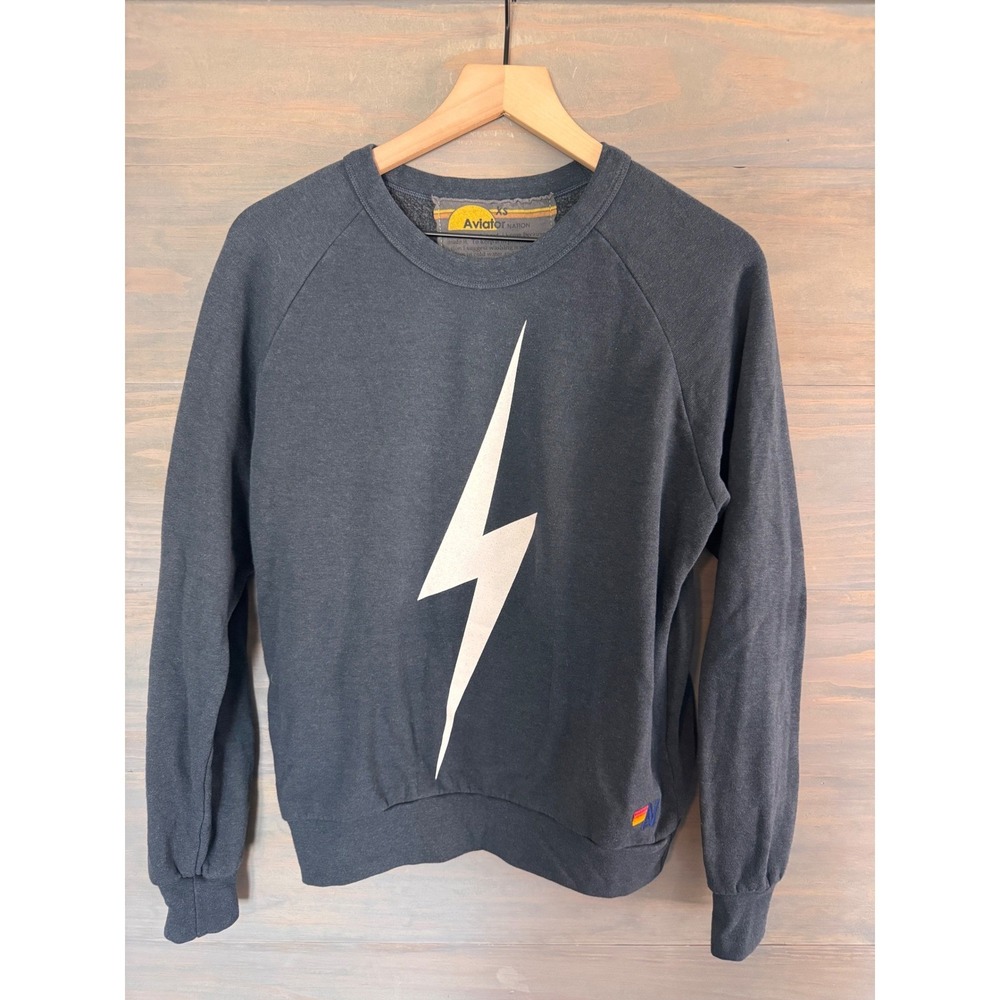 Aviator Nation Bolt Crew Sweatshirt Charcoal White Lightning Bolt XS Raglan